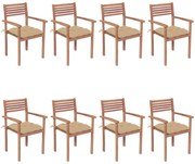 Cadeiras de jardim empilháveis c/ almofadões 8 pcs teca maciça