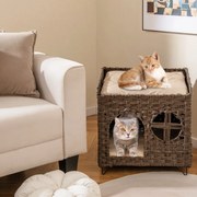 Casa de rattan para gatos de 2 andares com caverna escondida, plataforma superior e 2 almofadas macias castanho.