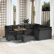 vidaXL Conjunto de Sofá de Jardim com 12 Peças e Almofadas Pretas de Rattan e Acácia