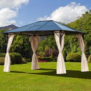 Gazebo de jardim 3,65x3 m Pavilhão de aço com telhado de policarbonato de 6 mm Proteção UV 50+ e 4 cortinas laterais Bege