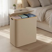 Cesto da roupa suja de 150 L com tampa e 3 compartimentos, 60 x 38,5 x 70,5 cm, castanho-camelo