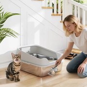 Caixa de Areia XL para Gatos 60,2x40,2x29,7 cm em Aço Inoxidável com Bordas Altas Pá Fácil de Limpar Antifugas Cinzento