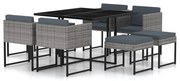 vidaXL 9 pcs conjunto jantar p/ jardim c/ almofadões vime PE cinzento