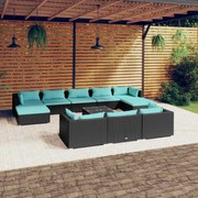 11 pcs conjunto lounge de jardim c/ almofadões vime PE preto