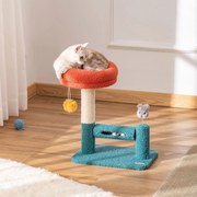 Árvore para Gatos Pequenos com Cama Removível Rolo com Sinos Poste Arranhador de Sisal Bola Suspensa e Brinquedo 37x25x45cm Azul e Laranja