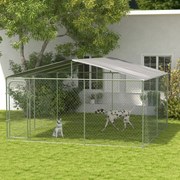 Canil de Exterior 4x4x2,3 cm com Toldo Anti-UV Recinto para Cães com Porta com Trava e Estrutura de Metal  Prata