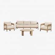 Conjunto De Sala Com Sofá De 3 Lugares, 2 Poltronas E Mesa De Centro Em Madeira De Acácia Uleno Marrom Acácia Claro - Sklum