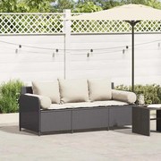 vidaXL Sofá de jardim 3 lugares com almofadões vime PE preto