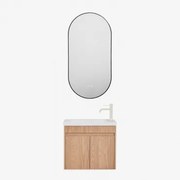 Conjunto De Móvel De Casa De Banho Suspenso Em Madeira Com Lavatório Integrado Narek Castanho Fresno & Ovale Led E Antifog Preto 50x100 Cm - Sklum