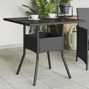 vidaXL Mesa de jardim com tampo de vidro 80x80x75 cm vime PE preto