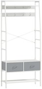 HOMCOM Móvel Cabide de Entrada com Banco Sapateira 8 Ganchos 2 Gavetas de Tecido Barra Prateleira 80x30x180,5 cm Branco e Cinza | Aosom Portugal