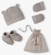 Conjunto gorro, luvas/mitenes e sapatinhos em algodão bio e bolsa personalizável bege mesclado