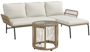 Outsunny Conjunto de Móveis de Jardim em Vime com Sofá de 2 Lugares Chaise Longue Almofadas e Mesa Auxiliar Creme e Madeira | Aosom Portugal