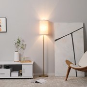 Candeeiro de pé, 40 W máx., base em forma de mastro em aço dourado, abajur em linho creme, 25,5 x 25,5 x 157 cm, dourado e bege