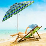 Guarda-sol de praia portátil com inclinação ajustável e saco de transporte para jardim pátio exterior 198 x 213 cm azul e verde