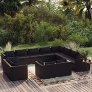 vidaXL 12 pcs conjunto lounge de jardim c/ almofadões vime PE preto
