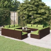 13 pcs conjunto lounge jardim c/ almofadões vime PE castanho