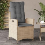 vidaXL Cadeira jardim reclinável com almofadões vime PE bege misturado