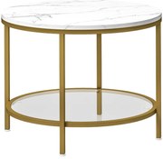 HOMCOM Mesa de Centro Redonda Moderna de 2 Níveis com Tampo de Mármore e Prateleira de Vidro Temperado Ø 60x45 cm Branco e Dourado | Aosom Portugal