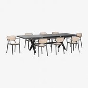 Conjunto De Mesa Retangular Extensível Karena 240-300x100 Cm E 8 Cadeiras De Jardim Empilháveis Com Apoios De Braços Omara Cinza Grafito - Sklum