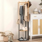 Cabide de Pé de Bambu com 2 Prateleiras 2 Ganchos 5 Barras e Estrutura de Aço 46x28,5x153,5 cm Madeira e Preto