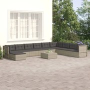 10 pcs conjunto lounge de jardim c/ almofadões vime PE cinzento