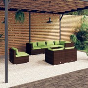 8 pcs conjunto lounge de jardim c/ almofadões vime PE castanho