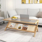 Mesa de centro de bambu de 2 camadas com prateleira de armazenamento superior de vidro para sala de estar 120 x 56 x 44,5 cm natural