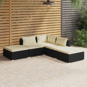 5 pcs conjunto lounge de jardim c/ almofadões vime PE preto