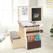 Conjunto de mesa e banco de arte para crianças com cavalete ajustável de dupla face, quadro magnético e rolos de papel substituíveis Castanho