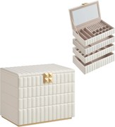 SONGMICS HOME Coleção ANAH - Caixa de joias empilhável com espelho, organizador de joias com 4 níveis, superfície de PU com costura, efeito flutuante, 17 x 28 x 20,5 cm, ideia de presente, branco nuvem JBC181W01