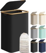 SONGMICS Cesto de roupa suja com tampa, cesto grande para roupa suja, 90 L, forro de malha removível, tecido Oxford, alças de bambu, dobrável, 42 x 32 x 70,5 cm, tinta preta LCB509B01