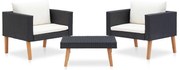 3 pcs conjunto lounge de jardim c/ almofadões vime PE preto