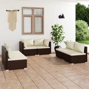 vidaXL 6 pcs conjunto lounge jardim c/ almofadões vime PE castanho