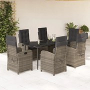 7 pcs conjunto de jantar p/ jardim c/ almofadões vime PE cinza