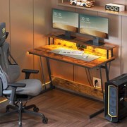 Secretária com iluminação LED com 20 cores, 2 tomadas e 2 portas USB 60 x 120 x 76 cm castanho vintage