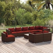 vidaXL 10 pcs conjunto lounge de jardim c/ almofadões vime PE castanho
