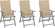 vidaXL Cadeiras jardim reclináveis c/ almofadões 3 pcs acácia maciça