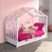Conjunto Cama infantil de Casa DALLAS Com Ripas 90x200 com gaveta e cortinados Branca