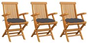 vidaXL Cadeiras de jardim c/ almofadões antracite 3 pcs teca maciça