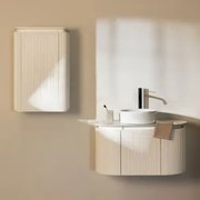 Conjunto De Móvel De Casa De Banho Em Madeira Carsone Branco & Branco & Cerâmica Redonda Riscas Brancas Ø36 Cm Sinqua & Sem Espelho - Sklum