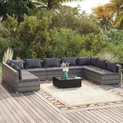 10 pcs conjunto lounge de jardim c/ almofadões vime PE cinzento