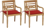 vidaXL Cadeiras Batávia c/ almofadões vermelho 2 pcs teca maciça