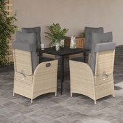 vidaXL 5 pcs conjunto de jantar p/ jardim com almofadões vime PE bege