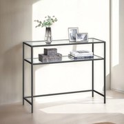 Mesa consola com 2 níveis, mesa de entrada 35 x 100 x 80 cm vidro, aço Preta