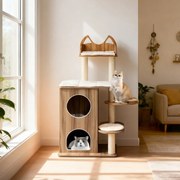 Arranhador para gatos em madeira 81 x 57 x 122 cm com vários níveis, caverna de 2 andares, postes de sisal, 3 plataformas e almofadas laváveis, natura