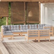 vidaXL 9 pcs conjunto lounge de jardim + almofadões cinza pinho maciço