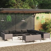 14 pcs conj. lounge jardim c/ almofadões vime PE cinza-escuro