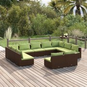 11 pcs conjunto lounge de jardim c/ almofadões vime PE castanho