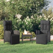 3 pcs conjunto lounge de jardim c/ almofadões vime PE preto